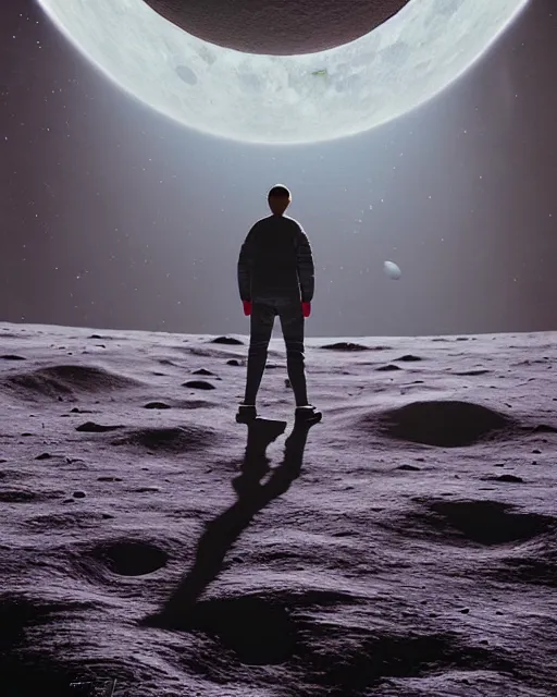 Prompt: a person standing in front of an open door that's on the moon, poster art by mike winkelmann, trending on cg society, space art, sci - fi, ue 5, futuristic, volumetric lighting