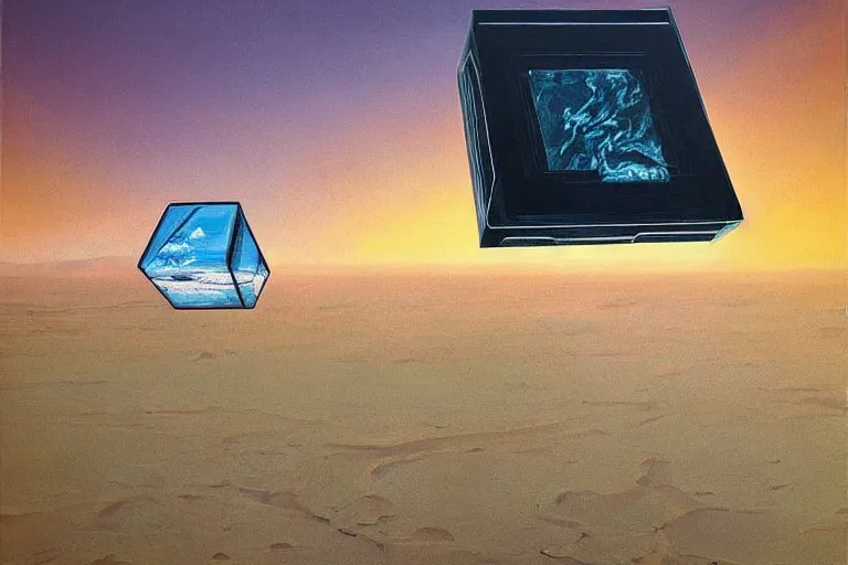 Prompt: oil painting, long view, hight detailed, giant glass cube in the desert, in style of 80s sci-fi art, neodada