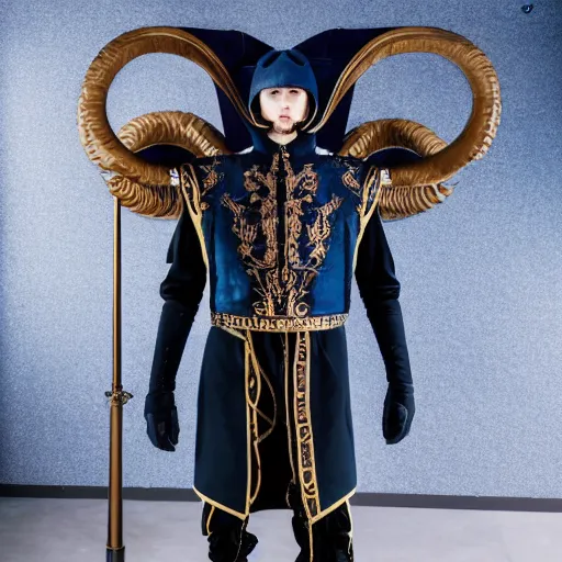 Image similar to low angle upper view of adult Austin Butler dressed in futuristic-baroque prussian blue duelist-garb with Griffin-Ram embroidery emblem, and nanocarbon-vest and greaves, standing in an arena in Dune 2020, XF IQ4, f/1.4, ISO 200, 1/160s, 8K, RAW, unedited, symmetrical balance, face in-frame