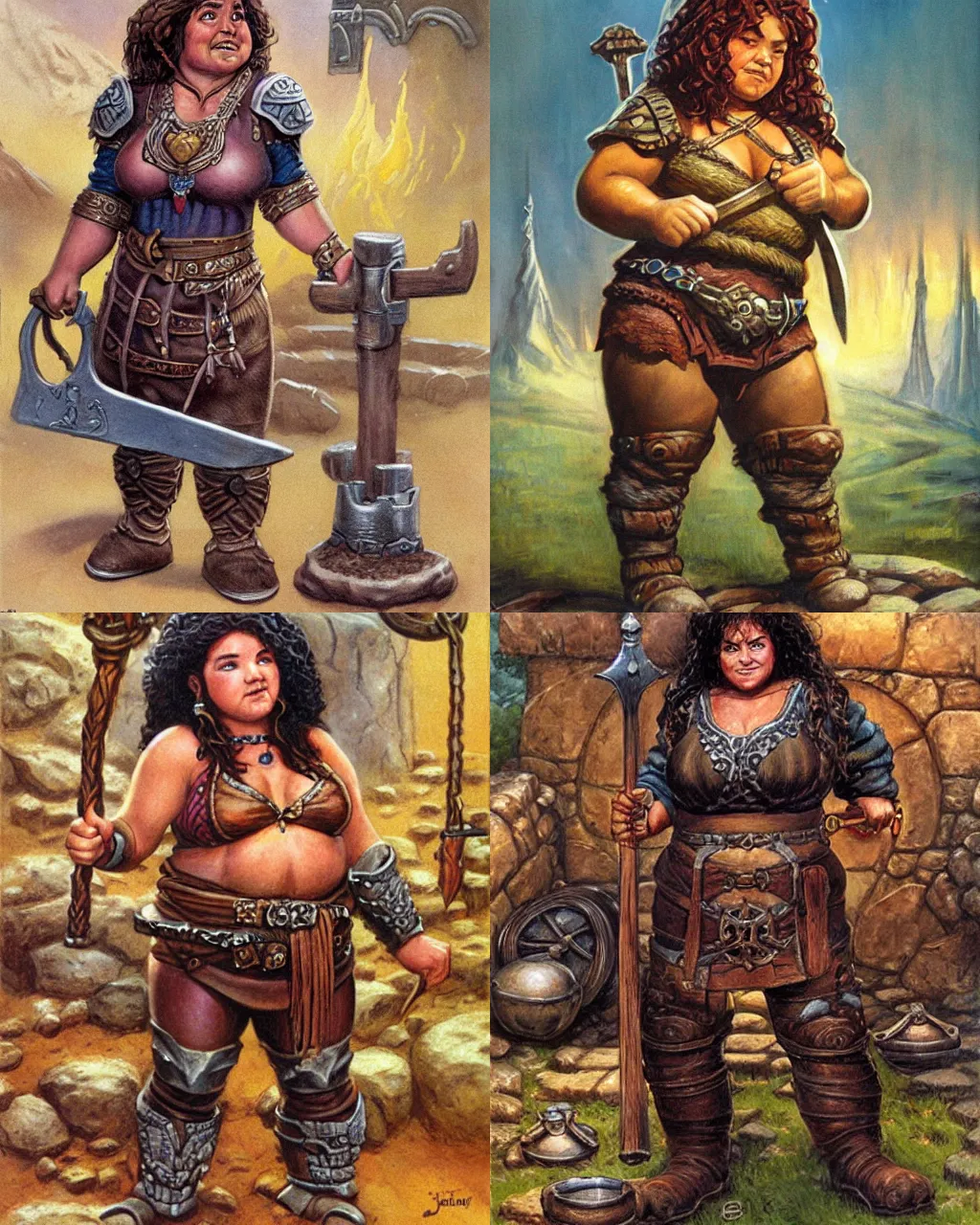 Prompt: female dwarven blacksmith, chubby short stature, intricate hair, by jeff easley