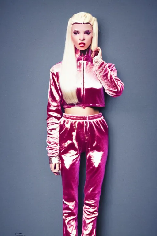 Prompt: female robot with shiny chrome body wearing pink velvet tracksuit, gold bling jewelry, platinum blonde hair with gold tiara, 1990s fashion magazine editorial, trendy, nostalgia, 35mm film, haute couture professional photography, white background