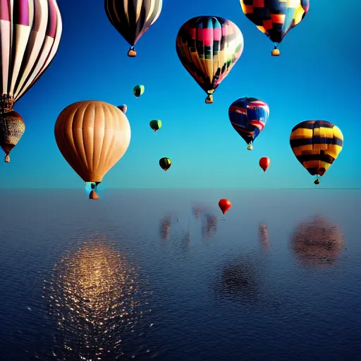 Image similar to 100 air balloons above the sea,photorealiatic,hyperdetailed,hyperrealistic,studio lighting,studio photography,professional photography,professional lighting,3 point lighting,4k