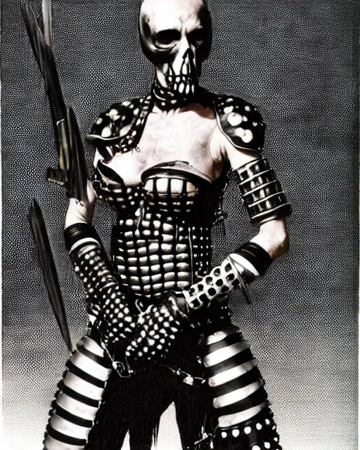 Prompt: portrait of a skinny punk goth yayoi kusama wearing armor by simon bisley, john blance, frank frazetta, fantasy, thief warrior