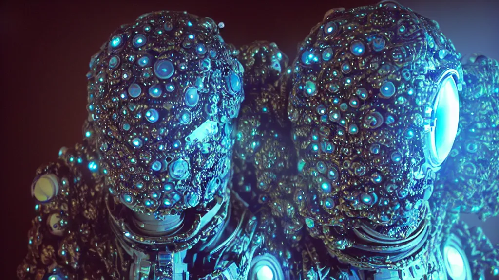 Image similar to a cybernetic symbiosis of a single astronaut mech-organic eva suit made of pearlescent wearing knitted shiny ceramic multi colored yarn thread infected with diamond 3d fractal lace iridescent bubble 3d skin dotted covered with orb stalks of insectoid compound eye camera lenses floats through the living room, film still from the movie directed by Denis Villeneuve with art direction by Salvador Dalí, wide lens,kevlar,carbon fiber,ceramics,gaseous materials,