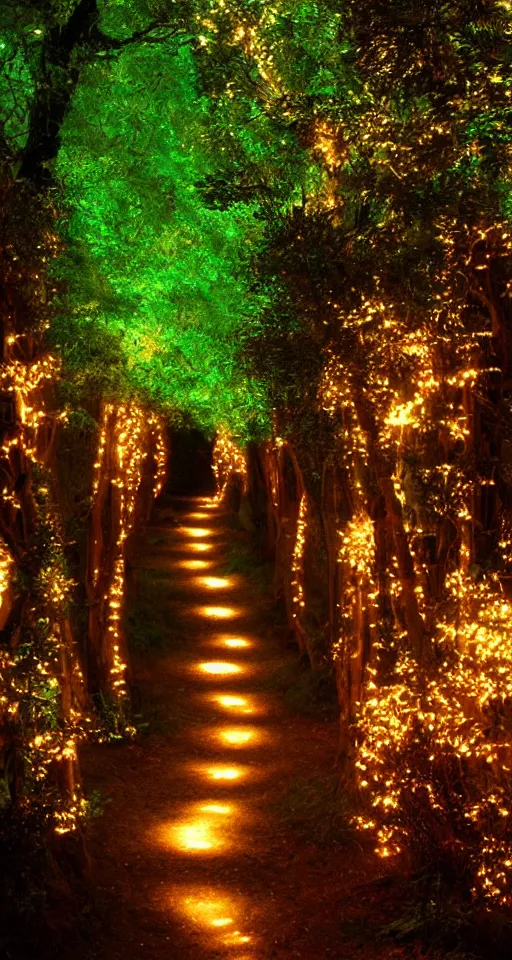 Image similar to a winding pathway through lothlorien, illuminated by an otherworldly glow