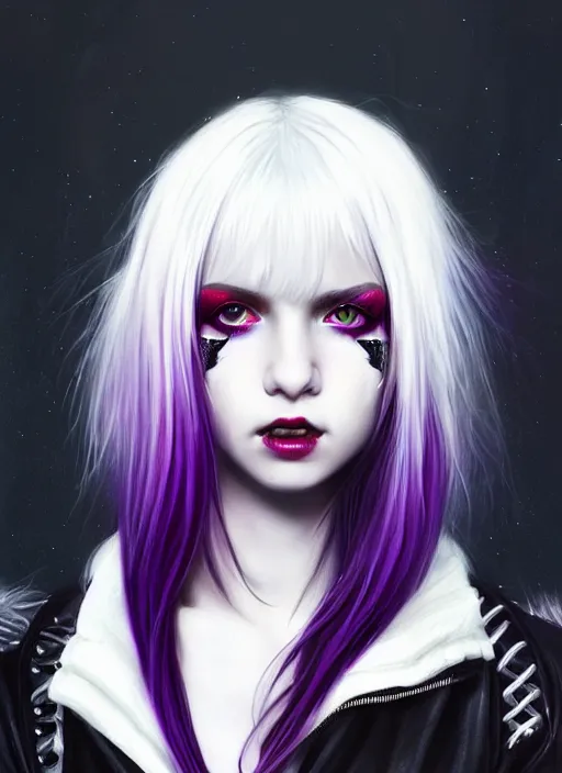 Image similar to portrait of white teenage girl, normal face, white bangs, mall goth, cyberlox, black and white hair, bangs, fluffy bangs, red contact lenses, purple lipstick, intricate, elegant, highly detailed, digital painting, artstation, concept art, sharp focus, smooth, illustration, art by wlop, mars ravelo and greg rutkowski