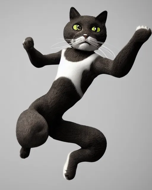 Image similar to full body 3d render of a cat leaping mid air as a stylized action figure, studio lighting, white background, blender, trending on artstation, 8k, highly detailed