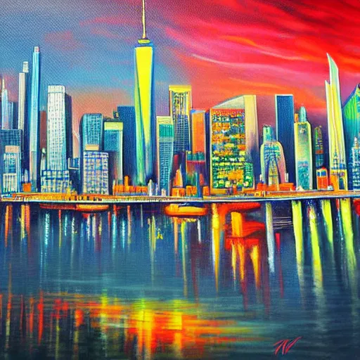 Prompt: retro futuristic new york skyline, detailed painting