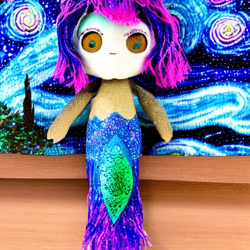 Prompt: a finely knit bipedal chibi starry night eel mermaid plush doll, wearing peacock feather mage robes with gold accent jewelry, inside a handcrafted cardboard observatory to look at the hand painted night sky full of glittery star stickers and glow in the dark star stickers, adorable, charming, macro camera lens, well lit, cinematic, real life, led lights, cotton clouds