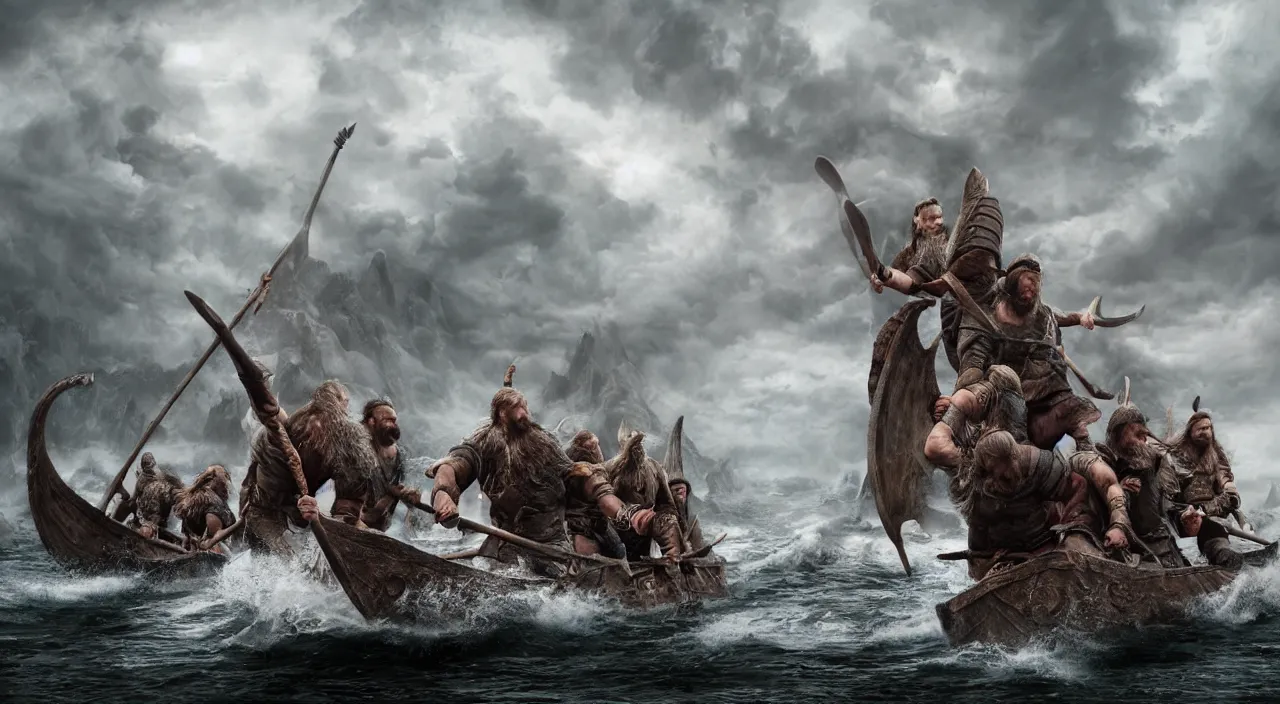 Image similar to a beautiful hyper realistic ultra detailed lifelike matte painting of vikings on a dragon boat, stormy weather, unreal engine, deviantart, flickr, artstation, octane render, textured, colorful, extreme realistic detail, physically based rendering, pbr render, very detailed, volumetric lighting, detailed lighting, octane render, 4 k, cinematic lighting, 8 k resolution