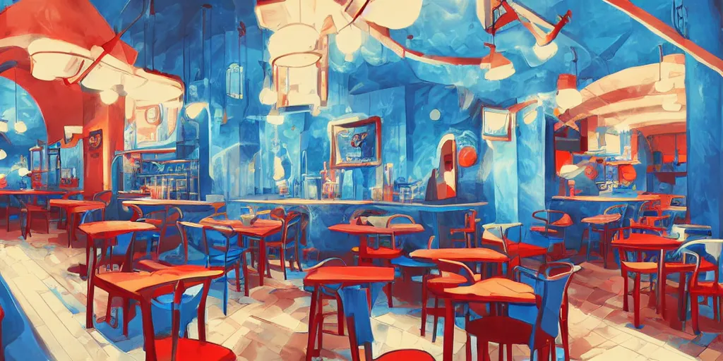 Prompt: cafe interior, blue and red tones, fantasy art, 2 d game art