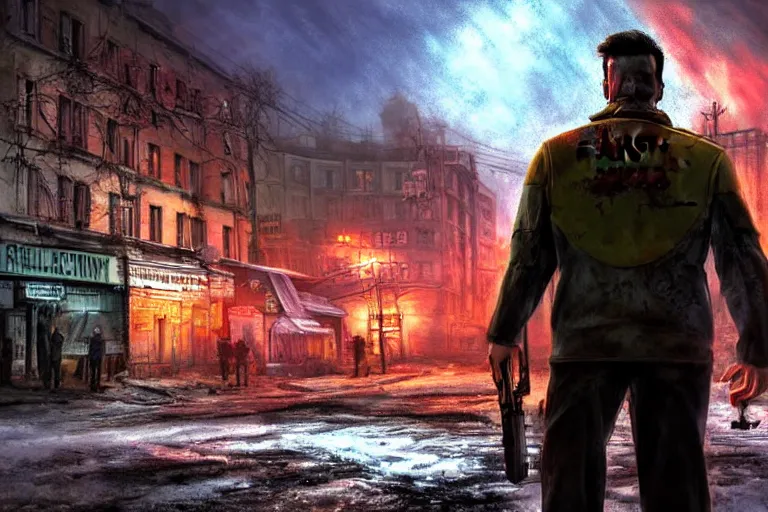 Image similar to fallout 5, jim carrey and adam sandler, portrait, outdoors european cityscape, atmospheric lighting, painted, intricate, volumetric lighting, beautiful, daytime, winter, clear weather, mutated wildlife, sharp focus, deep colours, ultra detailed, art by william turner