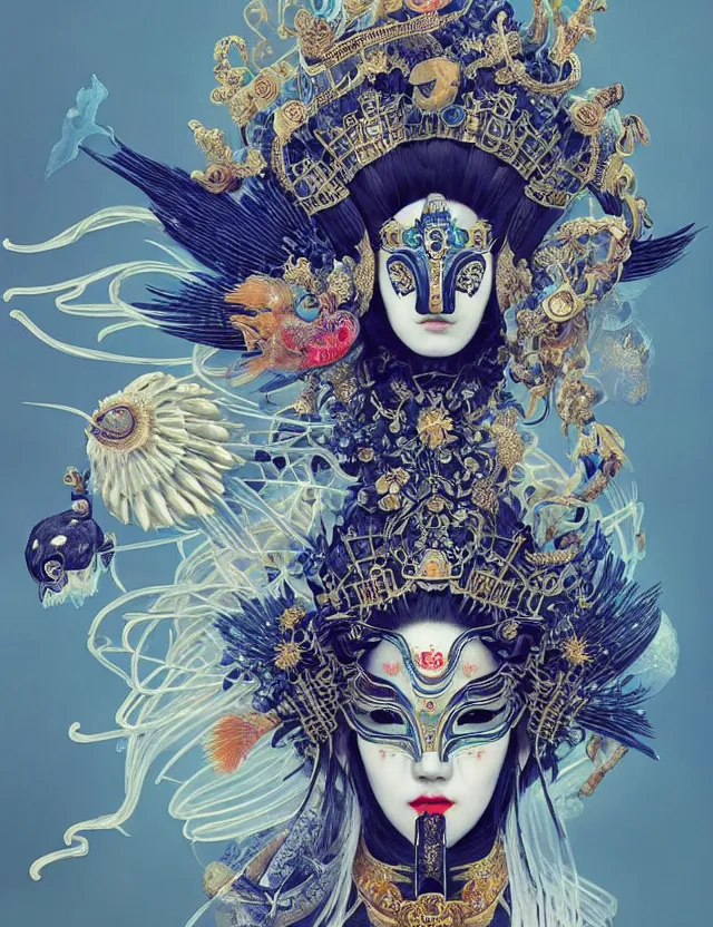 Image similar to goddess portrait with mask and crown made of ram skull. beautiful intricately detailed japanese crow kitsune mask and clasical japanese kimono. betta fish, jellyfish phoenix, bioluminescent, plasma, ice, water, wind, creature, super intricate ornaments artwork by tooth wu and wlop and beeple and greg rutkowski