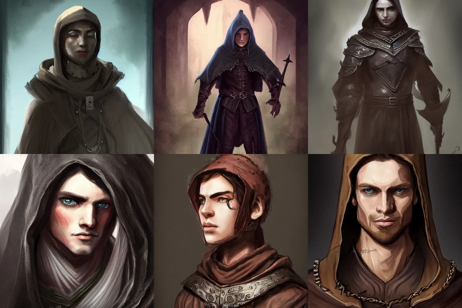 Prompt: portrait, young man :: dark medieval clothes, Hood :: high detail, digital art, fantasy, RPG, concept art, illustration