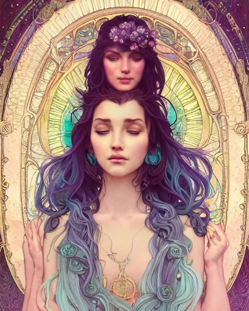 Image similar to an ethereal goddess with turquoise hair | highly detailed | very intricate | art nouveau | gold filigree | romantic storybook fantasy | soft cinematic lighting | award - winning | disney concept art watercolor illustration by mandy jurgens and alphonse mucha and alena aenami | pastel color palette | featured on artstation