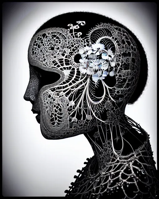 Prompt: surreal black and white photo portrait of complex bio-mechanical beautiful young female vegetal-cyborg with a Mandelbrot fractal metal fine lace face, silver hair, 150 mm lens, soft rim light, fine metal floral foliage super big lace collar by Alexander McQueen, high fashion, haute couture, rococo, steampunk, silver filigree details, anatomical, facial muscles, cable wires, microchip, elegant, hyper realistic, octane render, unreal engine, in the style Dora Maar, volumetric lighting, 8k,