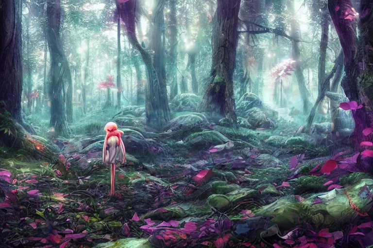 Prompt: mushroom in the forest, cyberpunk vapor wave glitch wave art, 4 k digital illustration by artgerm, wlop, andrei riabovitchev, marc simonetti, yoshitaka amano, artstation, 8 k resolution, soft focus