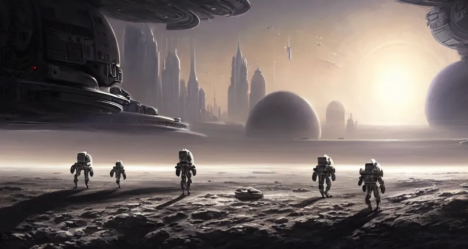 Prompt: hyper realistic sci - fi matte concept art painting of battlemech walking on the surface of the moon with a domed city in the background, beautiful details, strong composition painted by kim jung guweta studio rutkowski, james gurney and greg rutkowski, and lucasfilm, smooth, intricate, detailed, sharp focus, cinematic