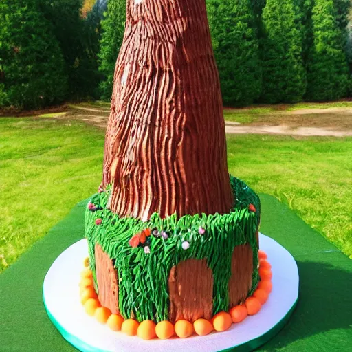 Image similar to Birthday cake with Cedar tree in background, detailed, exciting