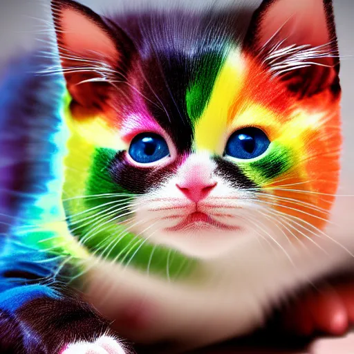 Image similar to retarded rainbow kitten! laying on it ‘ s back showing it ‘ s fluffy belly while looking at the camera!, photorealistic, anatomically correct, sharp focus, 4 k, beautiful,