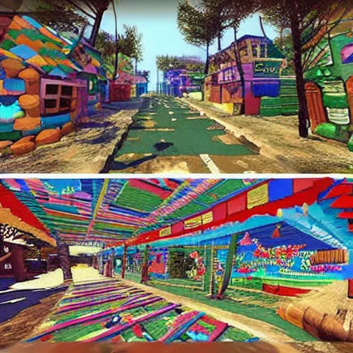 Image similar to “Google street view inside a video game, the houses are made out of bongo drums”