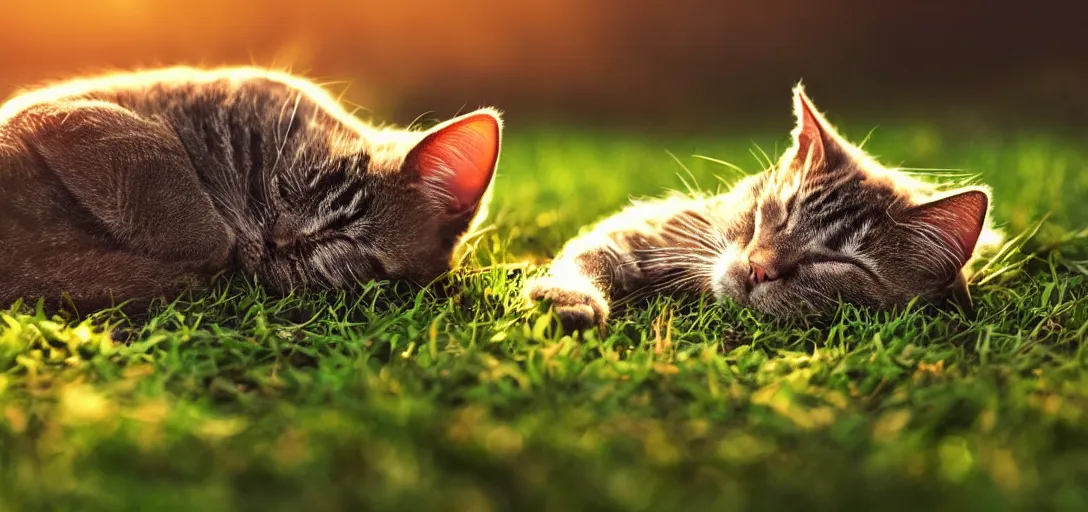 Prompt: a cute cat sleeping on the grass in a forest at sunset, godrays, complementary colors, warm lighting, raytracing, highly detailed, high quality, 4k HDR, concept art, octane render, unreal engine 5, high coherence, calm, relaxing, beautiful landscape, serene