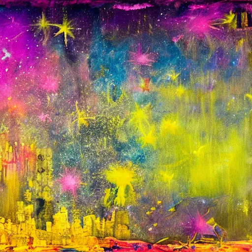 Prompt: beautiful photograph negative of fireflies and starry sky by alexander Brodsky and ilya utin and frank bowling. Acrylic paints, oil paints, sponge, dry brushing, scumbling, masking. Light leaks. trending on deviantart. 4k HD wallpaper, full color.
