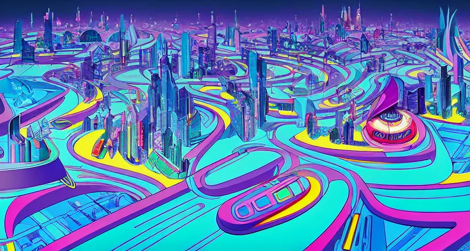 Image similar to a layout of amazing brightly colored sci - fi city designed by zaha hadid, cinematic lighting, detailed, beautiful colors, by greg rutowski and studio ghibli