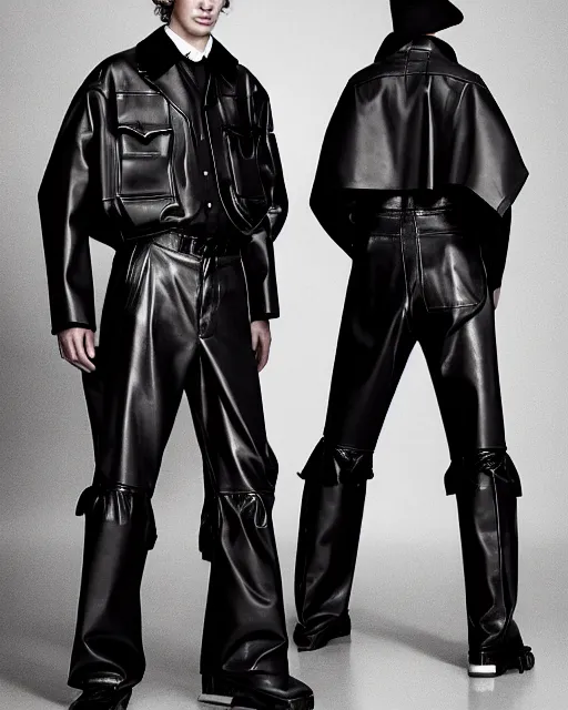 Prompt: an award - winning editorial photo of an irradecent extremely baggy cropped short ancient medieval designer menswear leather police jacket with an oversized collar and baggy bootcut trousers designed by alexander mcqueen, 4 k, studio lighting, wide angle lens