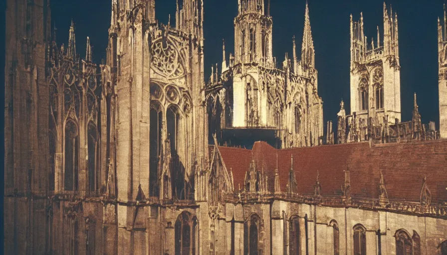 Image similar to 7 0 s film still from a horror movie about people standing on top of cathedrals, kodachrome, cinecolor, cinestill, film grain, film texture, retro, cinematic, high resolution, photorealism,