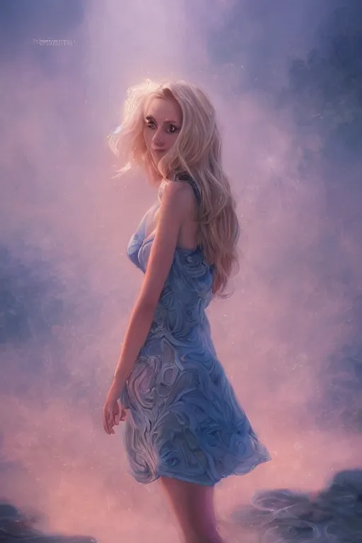 Prompt: an insanely detailed close up portrait of a beautiful blonde haired woman, blue dress, holding nikon camera, background is a fountain in the park, in the style of peter mohrbacher, artgerm, dramatic lighting and composition, pink fog background, octane render, trending on artstation, concept art 8 k