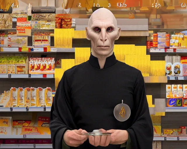 Prompt: Voldemort working in Sainsbury wearing an apron at the checkout counter, concept art, artstation