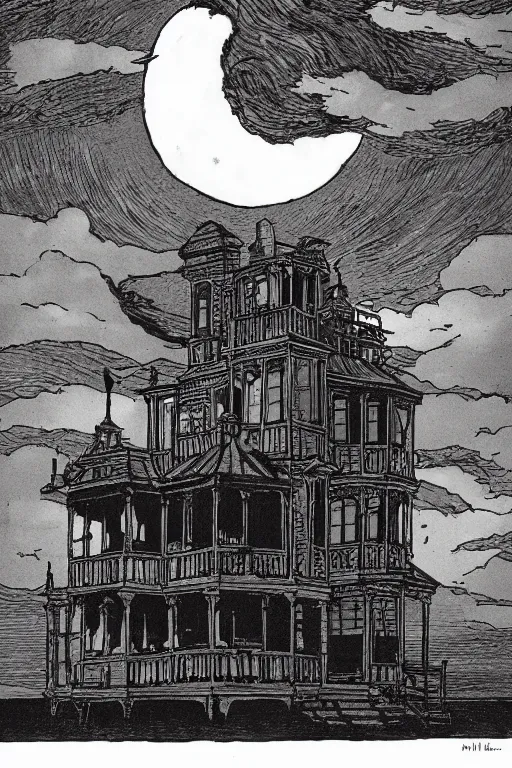 Image similar to seaside victorian building, night, moon in sky encircled by clouds, heavy ink!!!!!!! mike mignola