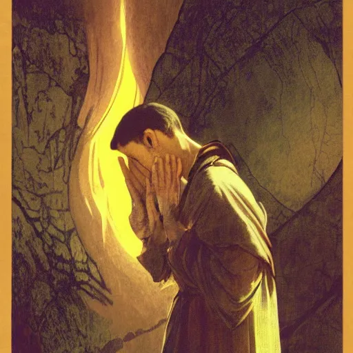 Image similar to A frightened young, thin and stern catholic priest in his thirties fervently praying as he is about to die from the ominous terrifying Lovecraftian yellow shadow descending upon him from the night sky. He is at the top of a medieval tower. Low angle, dramatic lighting. Art by Greg Rutkowski and Alphonse Mucha but as a photograph