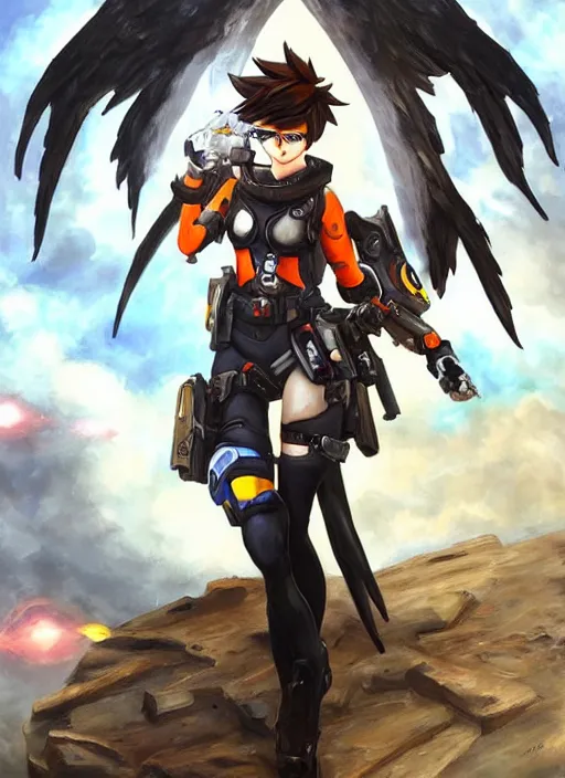 Image similar to full body oil painting of tracer overwatch in the style of sophie anderson, angel wings, black outfit, dramatic painting, wearing steel collar,