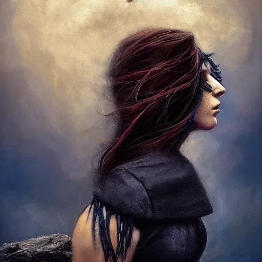 Image similar to morning, raven bird perching on the shoulder of a woman in a black dress. sun, cinematic, clouds, vogue cover style, copper and deep blue mood, realistic painting, intricate oil painting, high detail, figurative art, multiple exposure, poster art, 3 d, by simon bisley, ismail inceoglu, wadim kashin, filip hodas.