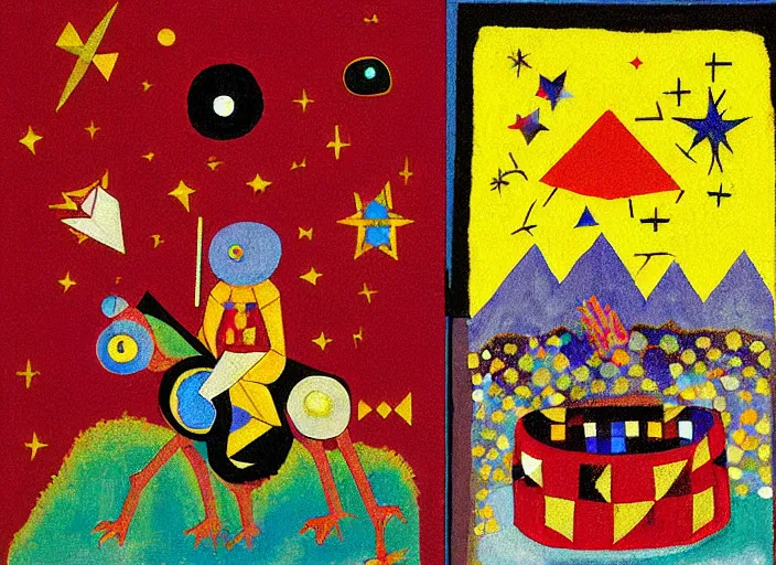 Image similar to pixel decollage painting tarot lovers card composition trash can with red maggot bear and wonky alien frog knight on a horse in a dark red cloudy night sky with golden foil jewish stars, diamonds and occult symbols, mountain lake and blossoming field in background, painted by Mark Rothko, Helen Frankenthaler, Danny Fox and Hilma af Klint, pixelated, neo expressionism, semi naive, pastel colors, cinematic, color field painting, cave painting, voxel, pop art look, outsider art, minimalistic. Bill Traylor painting, part by Philip Guston and Francis Bacon. art by Adrian Ghenie, very coherent symmetrical artwork, cinematic, hyper realism, high detail, octane render, unreal engine, Smooth gradients, depth of field, full body character drawing, extremely detailed, 8k, extreme detail, intricate detail, masterpiece