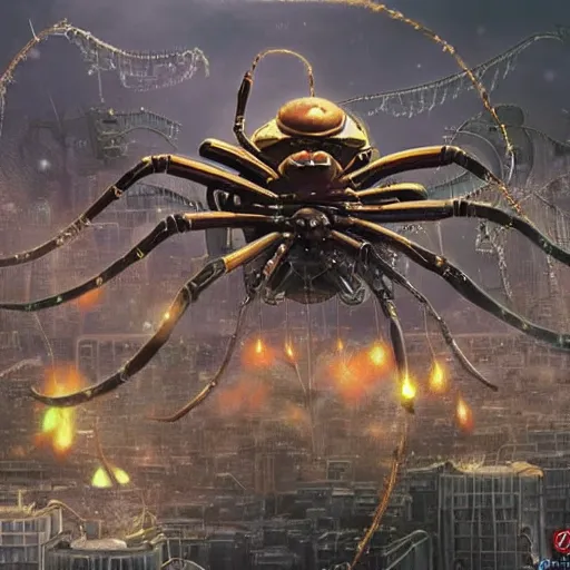 Image similar to a giant steampunk spider attacking a city, defense cannons can be seen trying to shoot it down, studio ghibli, anime, extremely detailed, intense, cinematic drone shot, cinematic lighting,