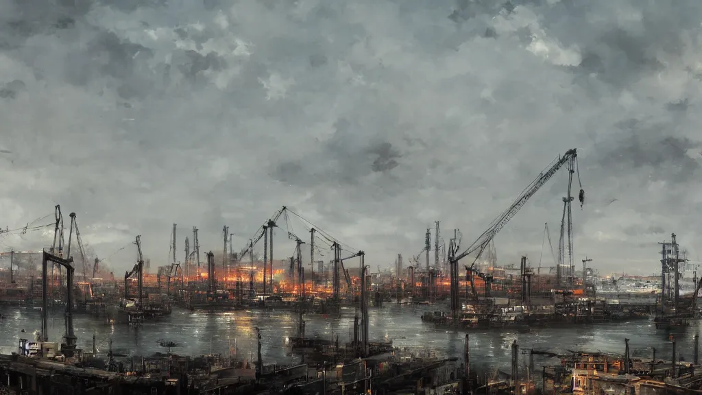 Prompt: Panorama view of sea port harbor with cranes, tall buildings, warehouses, papyrus, watercolored, jakub rozalski, dark colours, dieselpunk, artstation