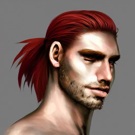 Prompt: portrait, 30 years old man :: red hair ponytail :: burned face, grimy, rough :: high detail, digital art, RPG, concept art, illustration