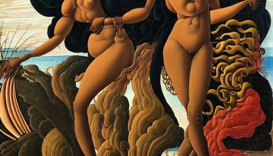 Prompt: full body painting Botticelli Black African goddess rising from the sea, in the style of Botticelli Venus