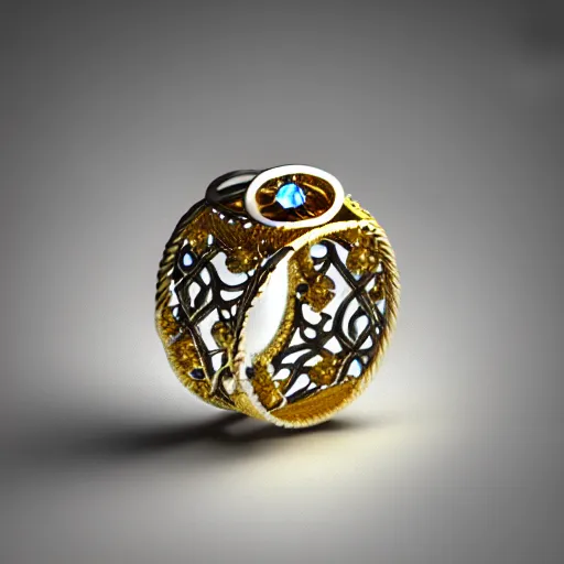 Prompt: intricate!! nordic ring and necklace and ear, silver and gold and diamond, isolated on a dreamy background. flowers in the background, refraction, occlusion, filigree, lower and upper levels, keyshot render, octane render, vray render