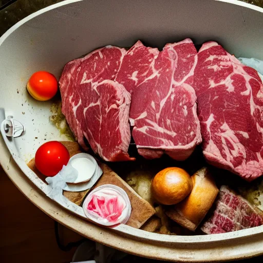 Image similar to a bathtub full of meat surrounded by a hungry family