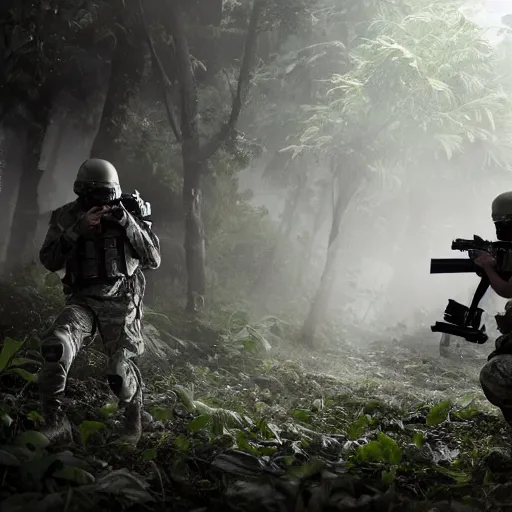 Image similar to Mercenary Special Forces soldier in light grey uniform with black armored vest and helmet launching an ambush attack in the jungles of Tanoa, combat photography by Feng Zhu, highly detailed, excellent composition, cinematic concept art, dramatic lighting, trending on ArtStation