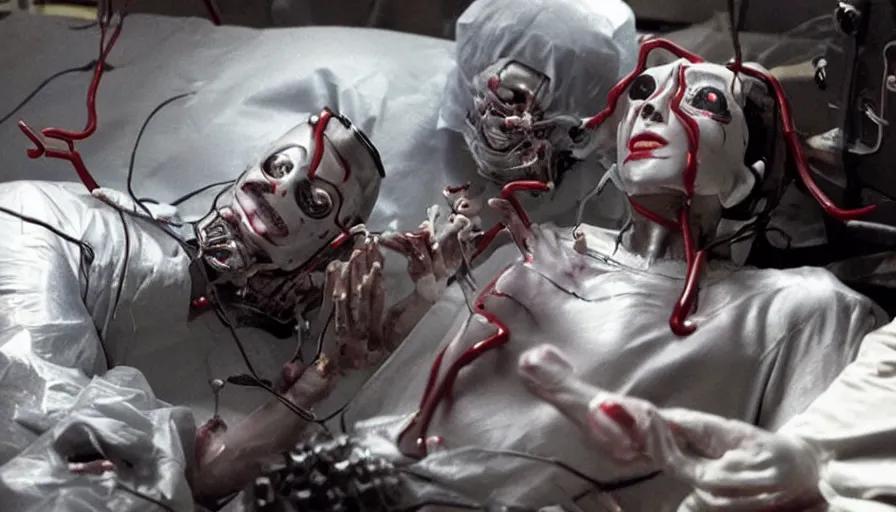 Image similar to big budget horror movie about cyborgs performing illegal organ transplants