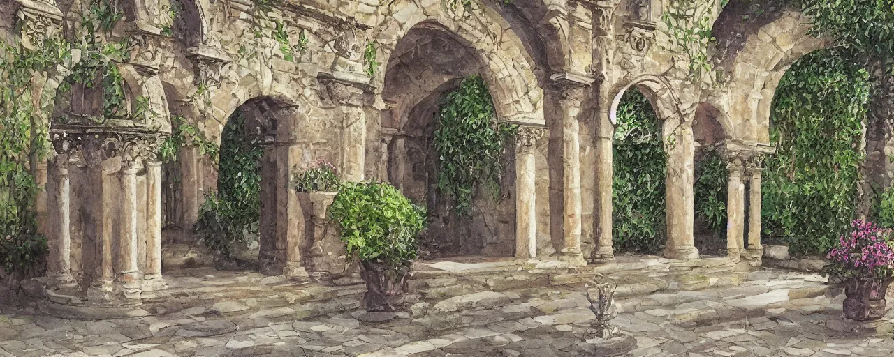 Image similar to courtyard walkway, fountain, castle, stairway, chairs, wrought iron, gate, botanic garden, botanical herbarium paper, oil colored painting, iridescent colors, realistic shaded, fine, artstation, italian style, colonnade ornate headdress, craving, carved, insanely detailed