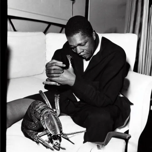 Prompt: john coltrane snuggling a giant hissing cockroach