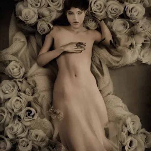 Prompt: a fashion photo of a beautiful model, a bed of roses, by ted gibson, jen atkin, tom eerebout, elizabeth saltzman, peter lindbergh, tim walker, symmetry, full face, studio lighting, dlsr,