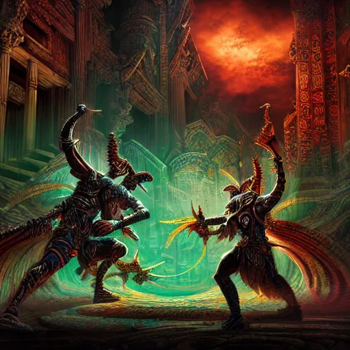 Prompt: fantasy sci fi characters fight in ancient temple, dark vibrant colors, action scene, 8 k, lumen reflections, sharpened, insanely detailed and intricate, hypermaximalist, elegant, ornate, hyper realistic, super detailed, digital art, green