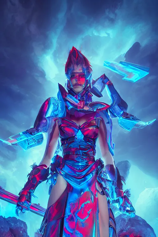 Prompt: warrior woman in glowing azure armor standing in hell which is sliced by a iridescent glass cracks shattering the sky , crimson clouds, besinski style , 6 billion demons style, background mountain, photorealism, 8k, artstation trending, Ray Tracing, octane renderer, high detail, vollumetric lighting